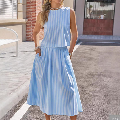 Women's Striped Cotton Tank & Midi Skirt Two-Piece Set