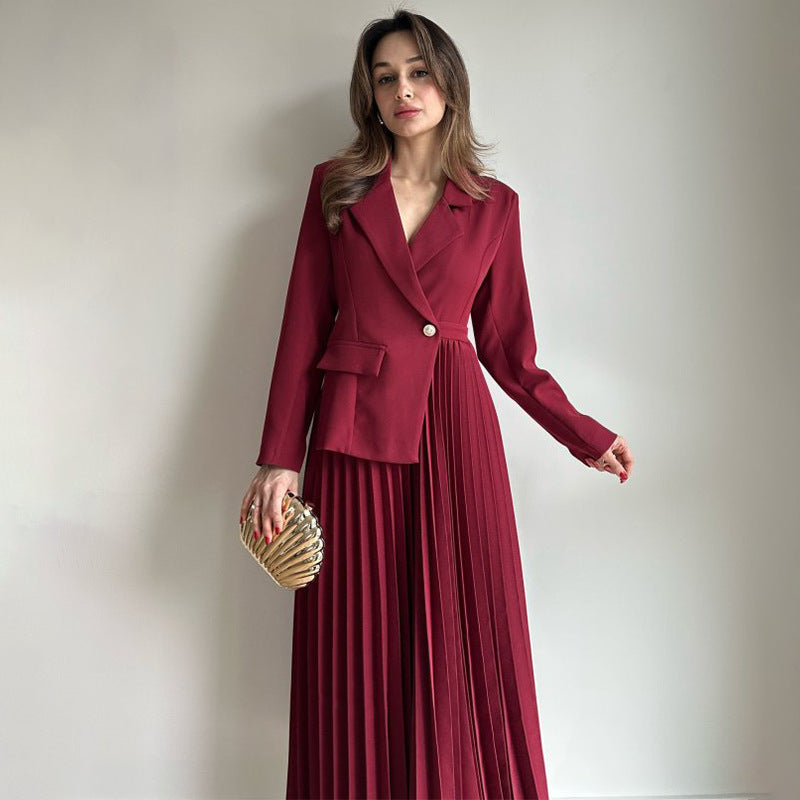 Women's 2 Piece Blazer Pleated Maxi Skirt Set Long Sleeve