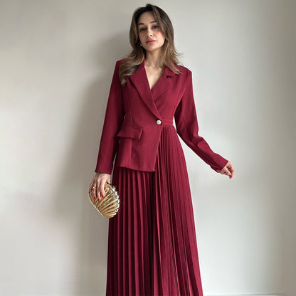 Women's 2 Piece Blazer Pleated Maxi Skirt Set Long Sleeve