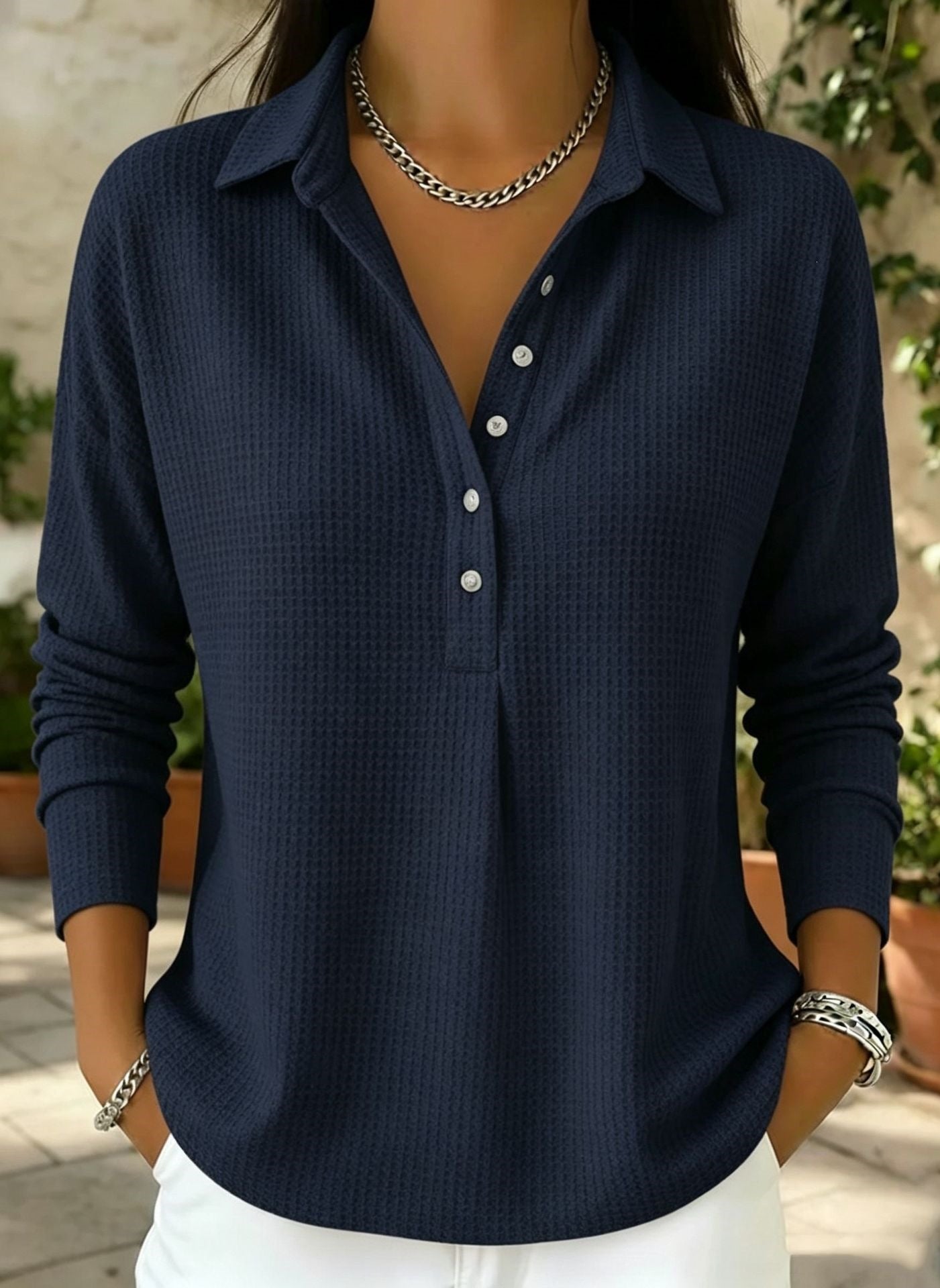 Women's Oversized Waffle Knit Collared Button Down Shirt