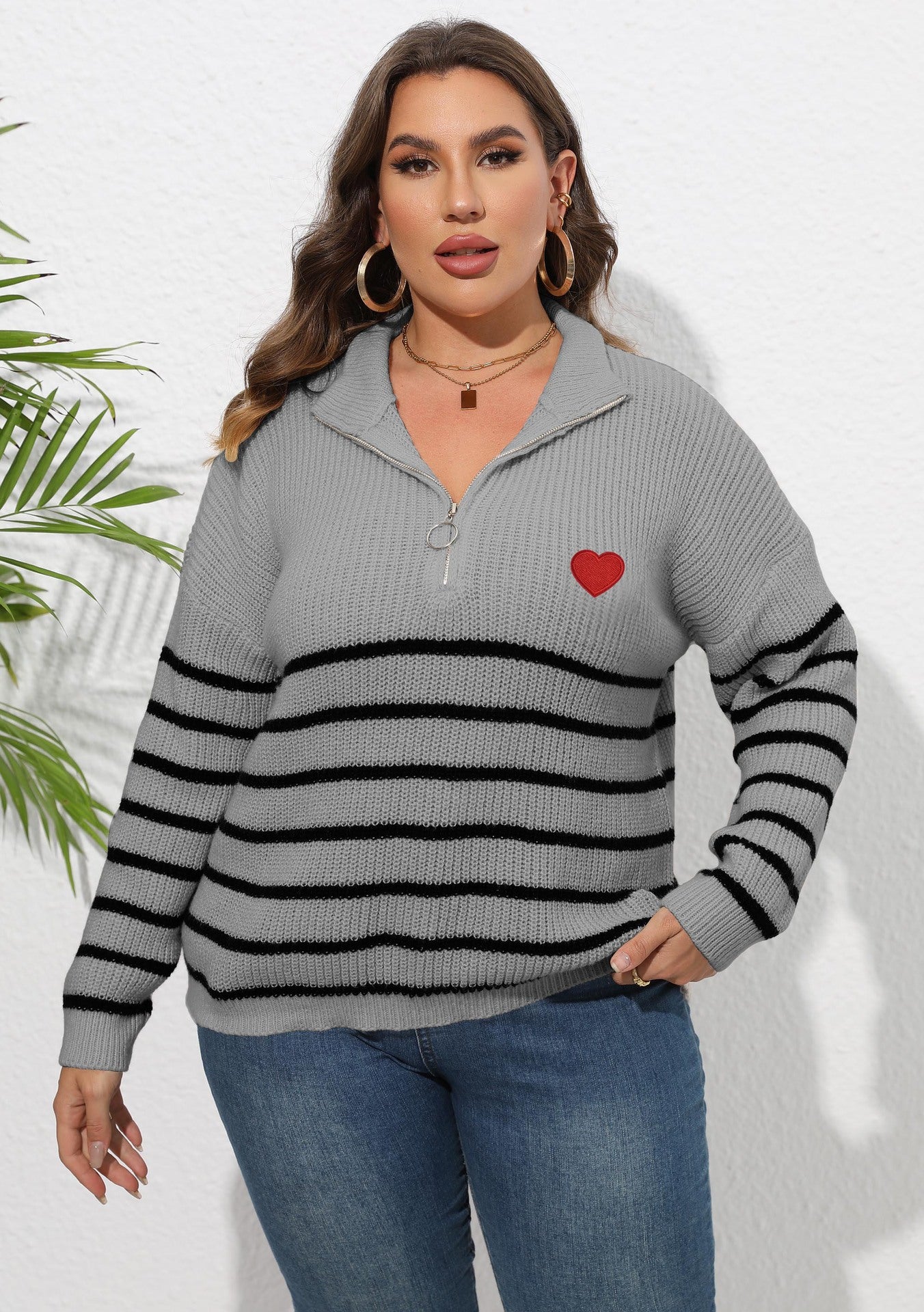 Women's Striped Splicing Love Zipper Pullover Sweater