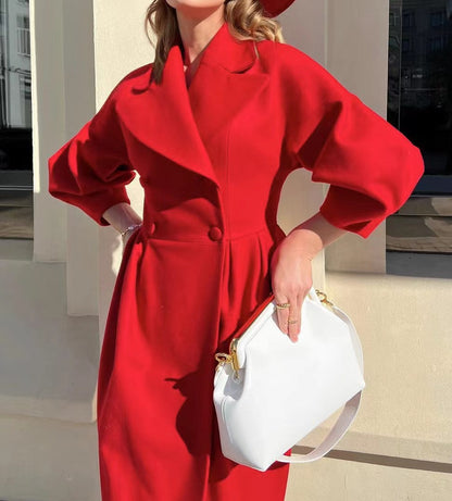 Women Wool Coat Double Breasted Balloon Sleeve Notch Lapel