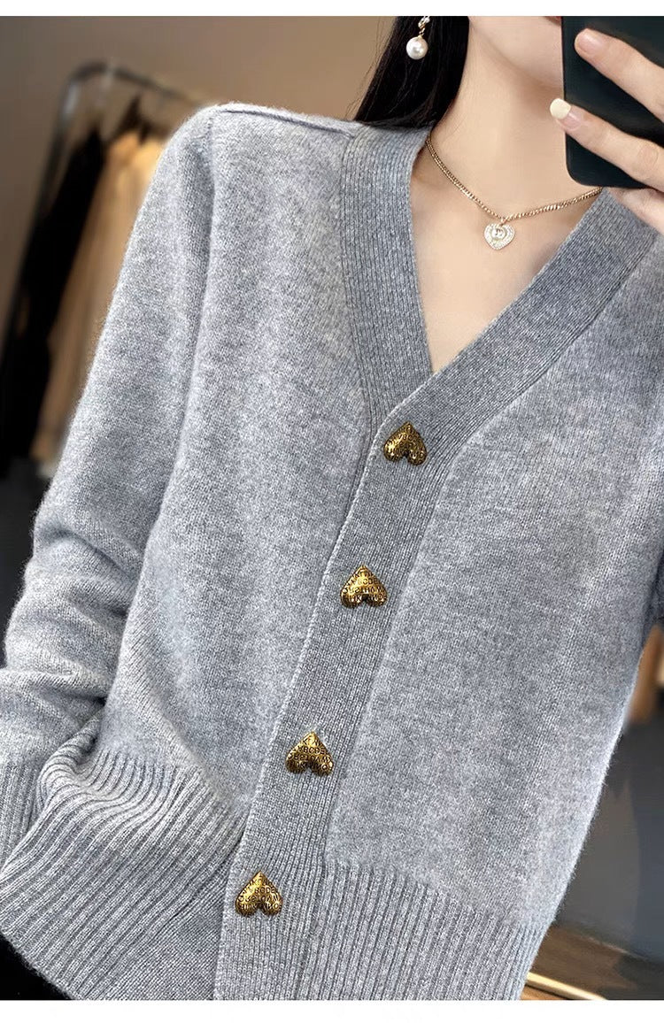 Women's Heart Button V-Neck Knit Cardigan Sweater