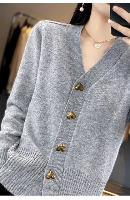 Women's Heart Button V-Neck Knit Cardigan Sweater