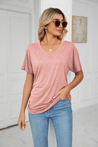 Casual V Neck Loose Fit Short Sleeve T Shirt