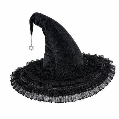 Gothic Velvet Witch Hat with Lace Brim and Satin Bow