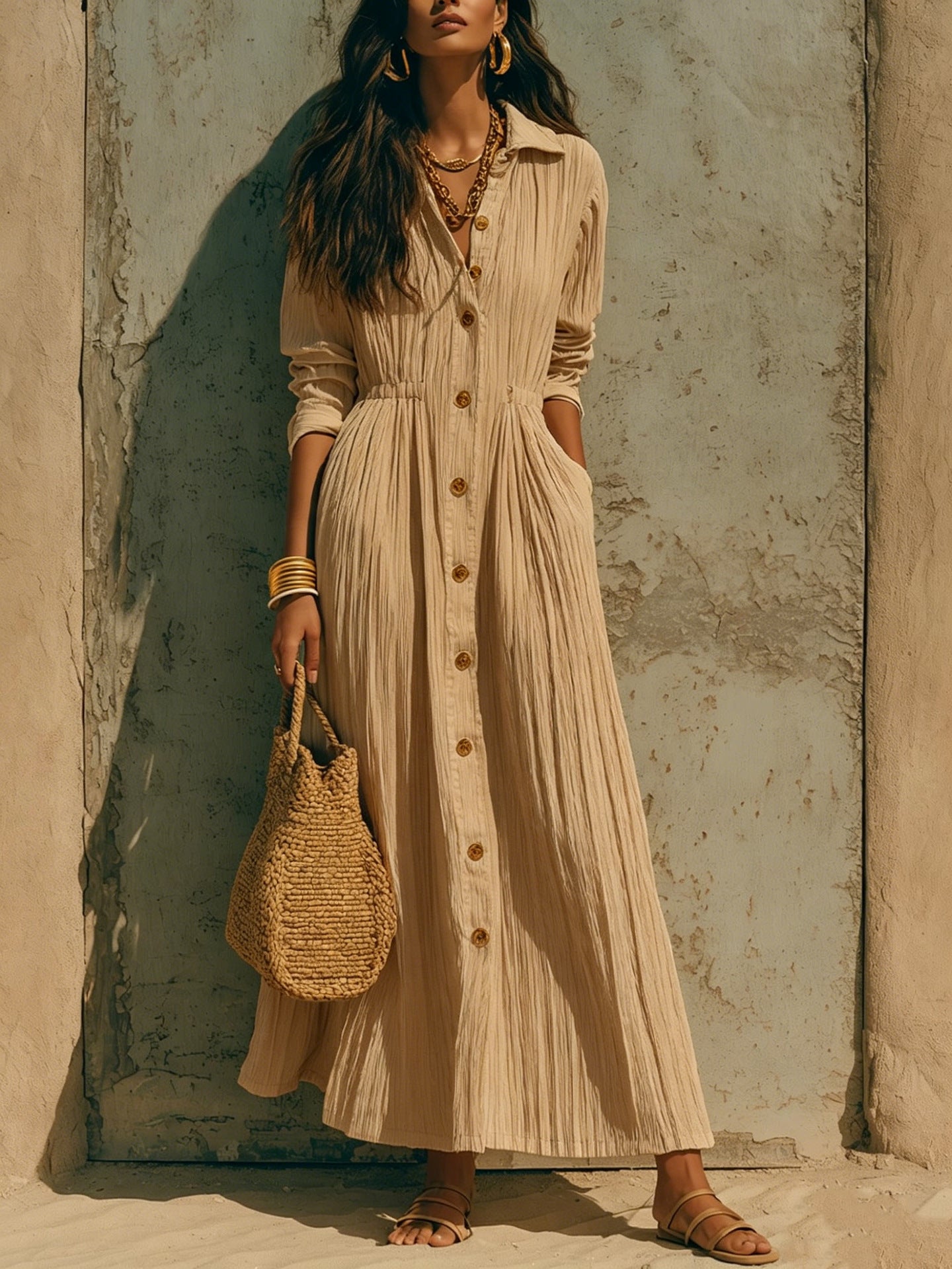 Women's Long Sleeve Maxi Shirt Dress Button Front Pockets
