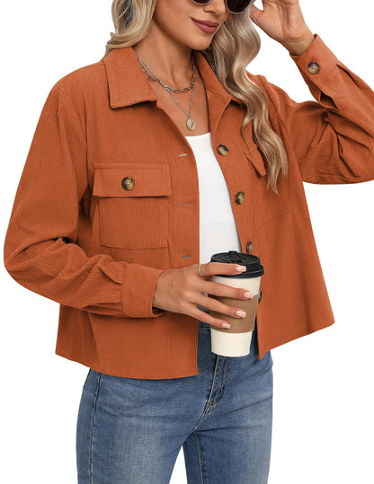 Women's Corduroy Cropped Shacket Button Down Jacket