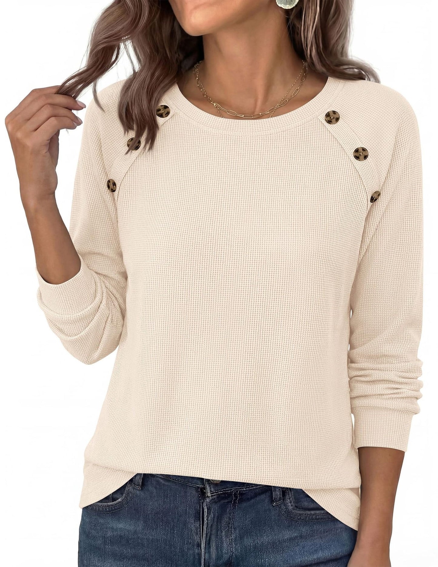 Waffle Knit Button Henley Top Crew Neck Long Sleeve Tee