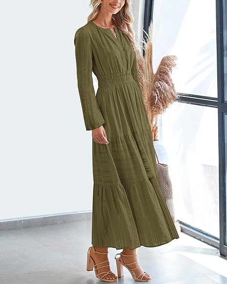 Women's V-Neck Long Sleeve Tiered Maxi Smocked Cotton Dress
