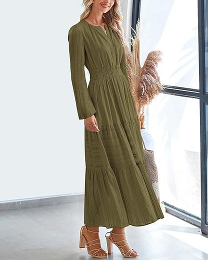 Women's V-Neck Long Sleeve Tiered Maxi Smocked Cotton Dress