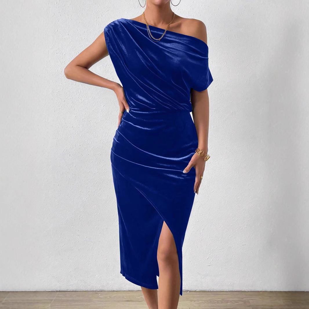 One Shoulder Velvet Midi Dress Ruched Asymmetrical Hem