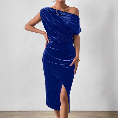 One Shoulder Velvet Midi Dress Ruched Asymmetrical Hem