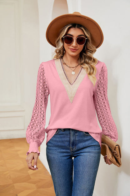 V-Neck Lace Long Sleeve Loose Fit Tunic Top