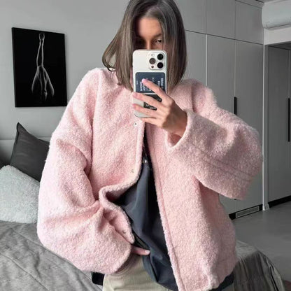 Women's Pink Cropped Sherpa Fleece Jacket Winter Coat