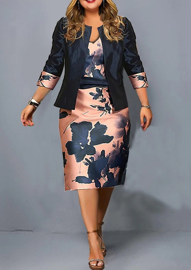 Plus Size Abstract Print 2 Piece Blazer Midi Skirt Set