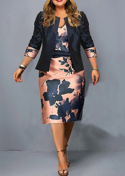 Plus Size Abstract Print 2 Piece Blazer Midi Skirt Set