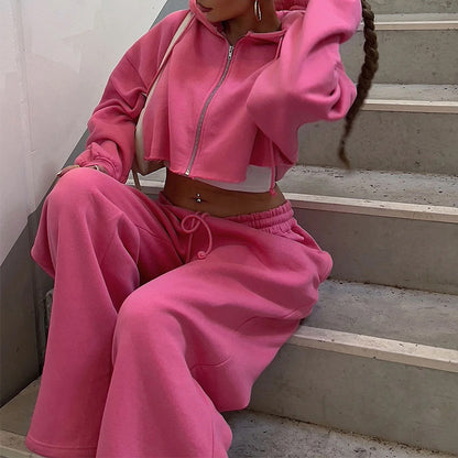 Women's Two Piece Crop Zip Hoodie Wide Leg Sweatpants Set