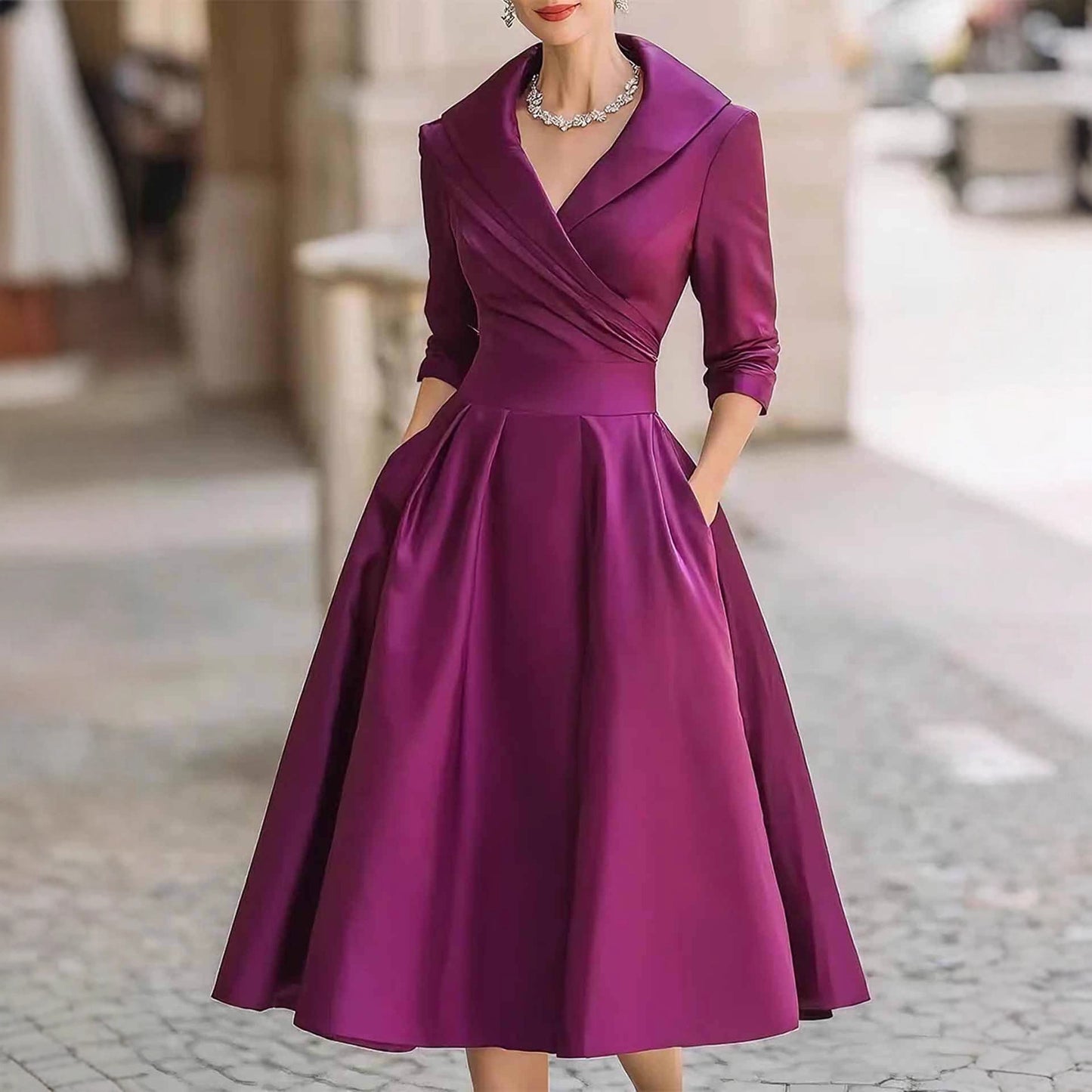 Elegant Satin Long Sleeve Belted A-Line Midi Dress Pockets