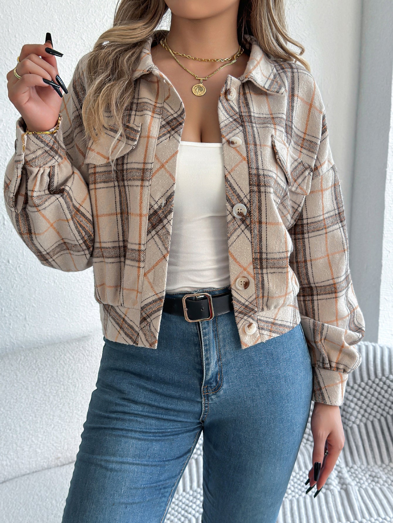 Plaid Button Front Long Sleeve Casual Jacket Coat