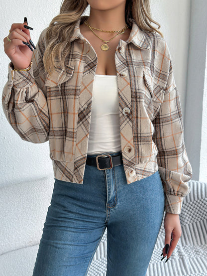 Plaid Button Front Long Sleeve Casual Jacket Coat