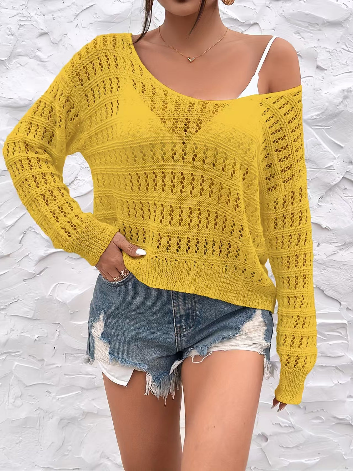 Off Shoulder Crochet Sweater Long Sleeve Cover Up