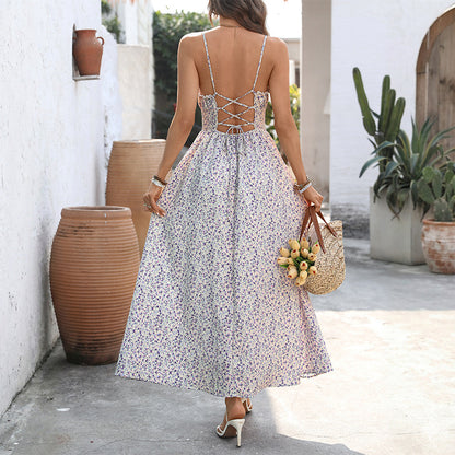 Floral Tie Front Cutout Maxi Dress Summer Vacation Style
