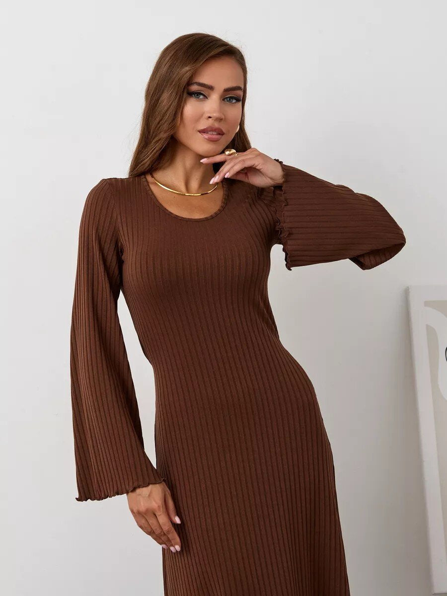 Women's Ribbed U Neck Flare Sleeve Tie Back Maxi Dress