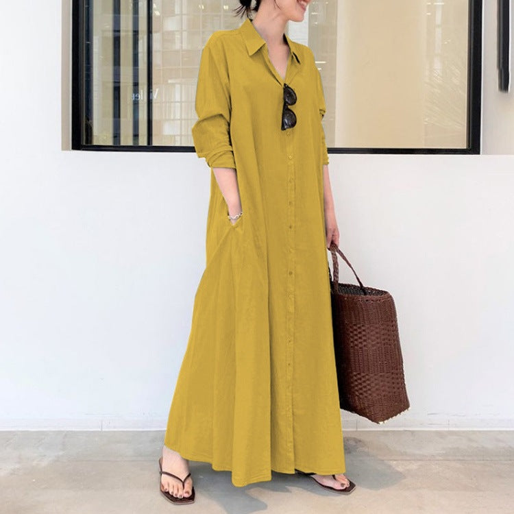Women's Cotton Linen Maxi Shirt Dress Long Sleeve Pockets