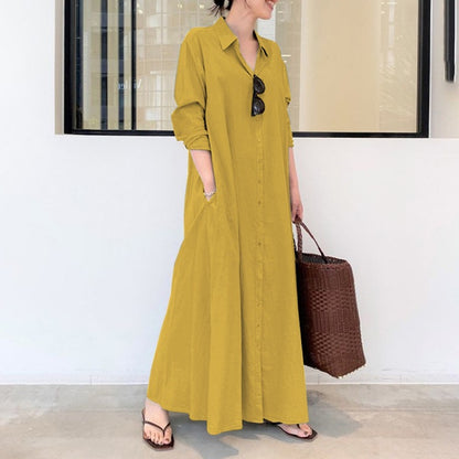 Women's Cotton Linen Maxi Shirt Dress Long Sleeve Pockets