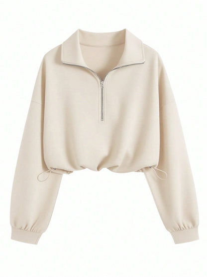 Women's Cropped Quarter Zip Drawstring Waist Sweatshirt