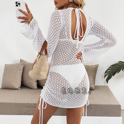 White Crochet Open Back Bell Sleeve Ruched Mini Dress