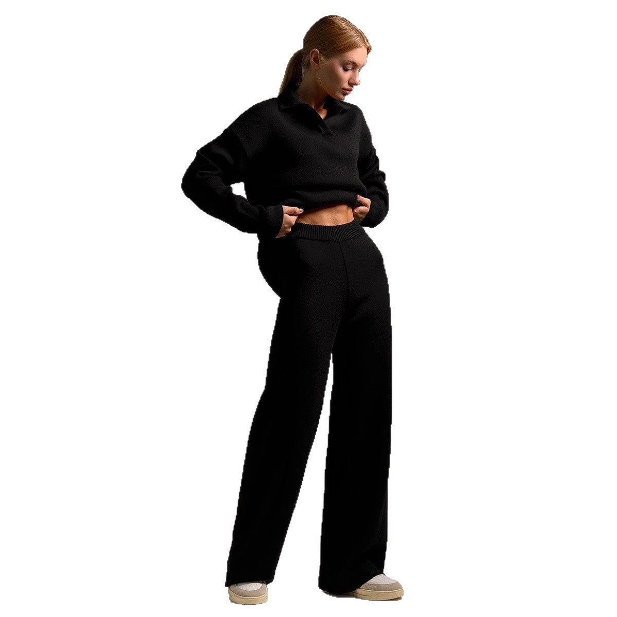 Women's Cozy Polo Top Wide Leg Pants Matching Set