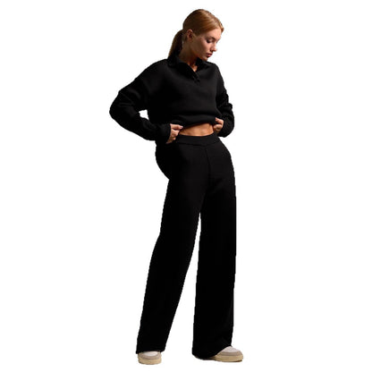 Women's Cozy Polo Top Wide Leg Pants Matching Set