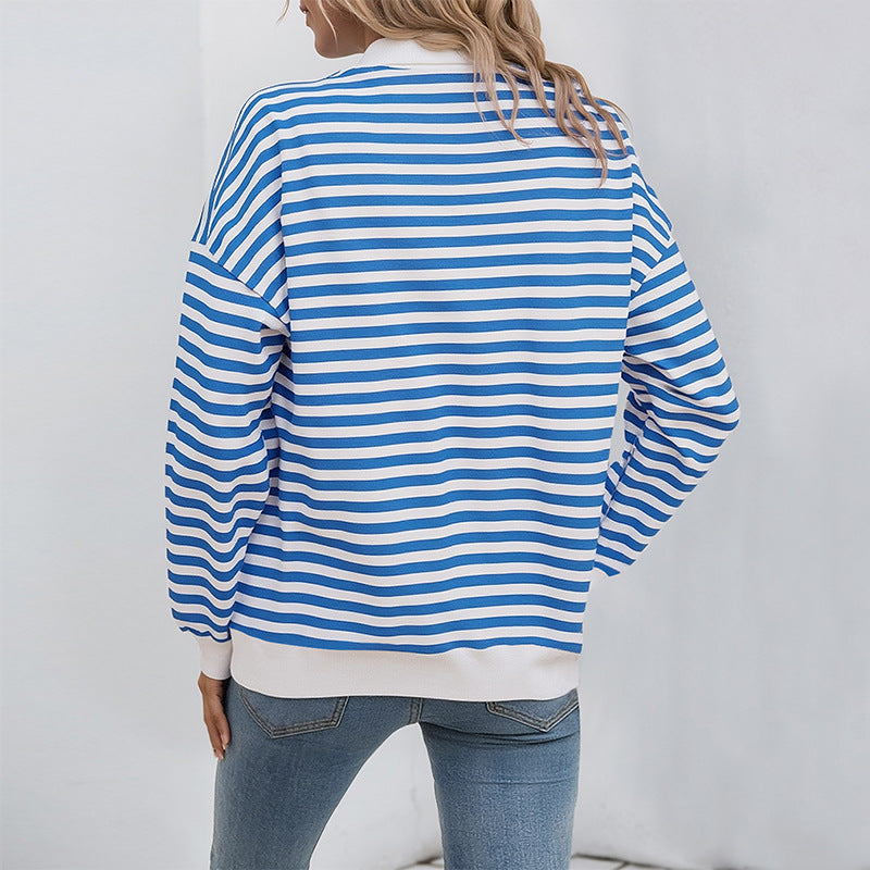 Striped Quarter Zip Collared Sweatshirt Casual Pullover Top