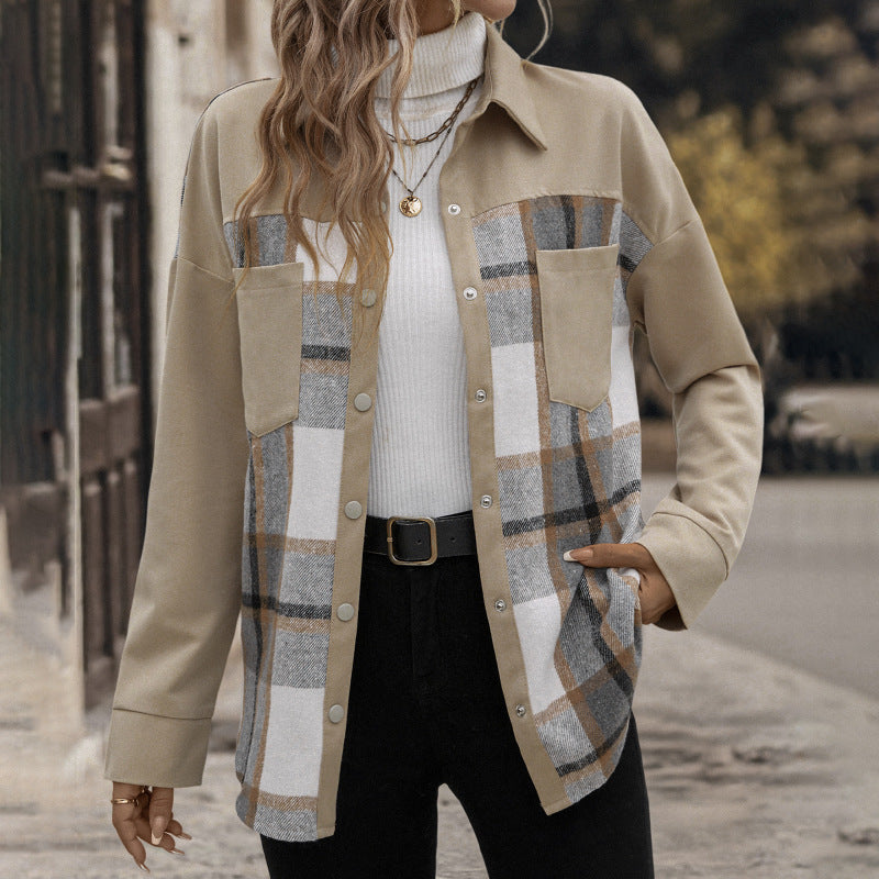 Plaid Lapel Button-Down Long Sleeve Shacket for Women