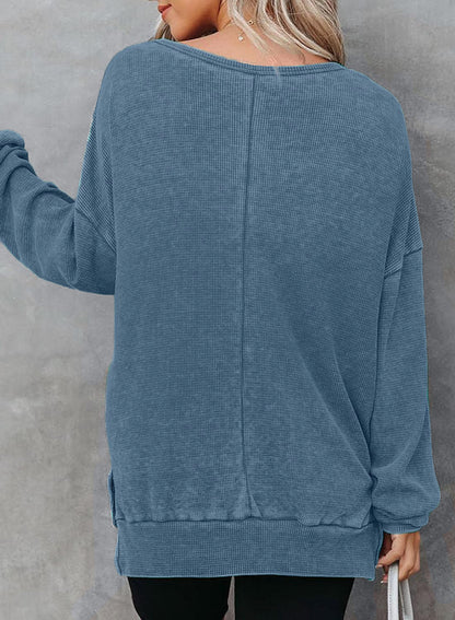 Waffle Split Hem Sweatshirt Women Casual Long Sleeve Top