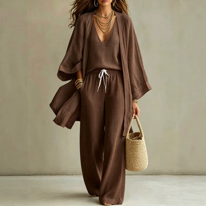 Women's 3 Piece Matching Set Wide Leg Pants Cardigan