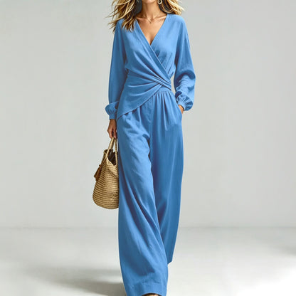 V Neck Wrap Top Wide Leg Pants Two Piece Set