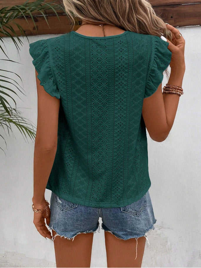 White Eyelet Lace Ruffle Sleeve Summer Blouse Women