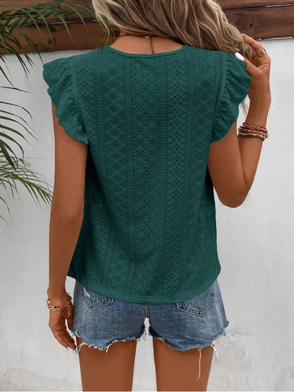 White Eyelet Lace Ruffle Sleeve Summer Blouse Women