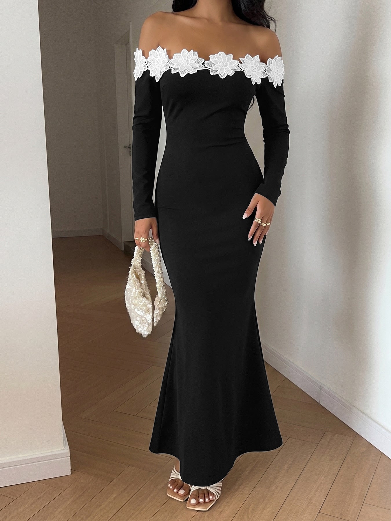 Off Shoulder Flower Applique Bodycon Maxi Dress