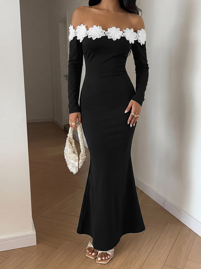 Off Shoulder Flower Applique Bodycon Maxi Dress