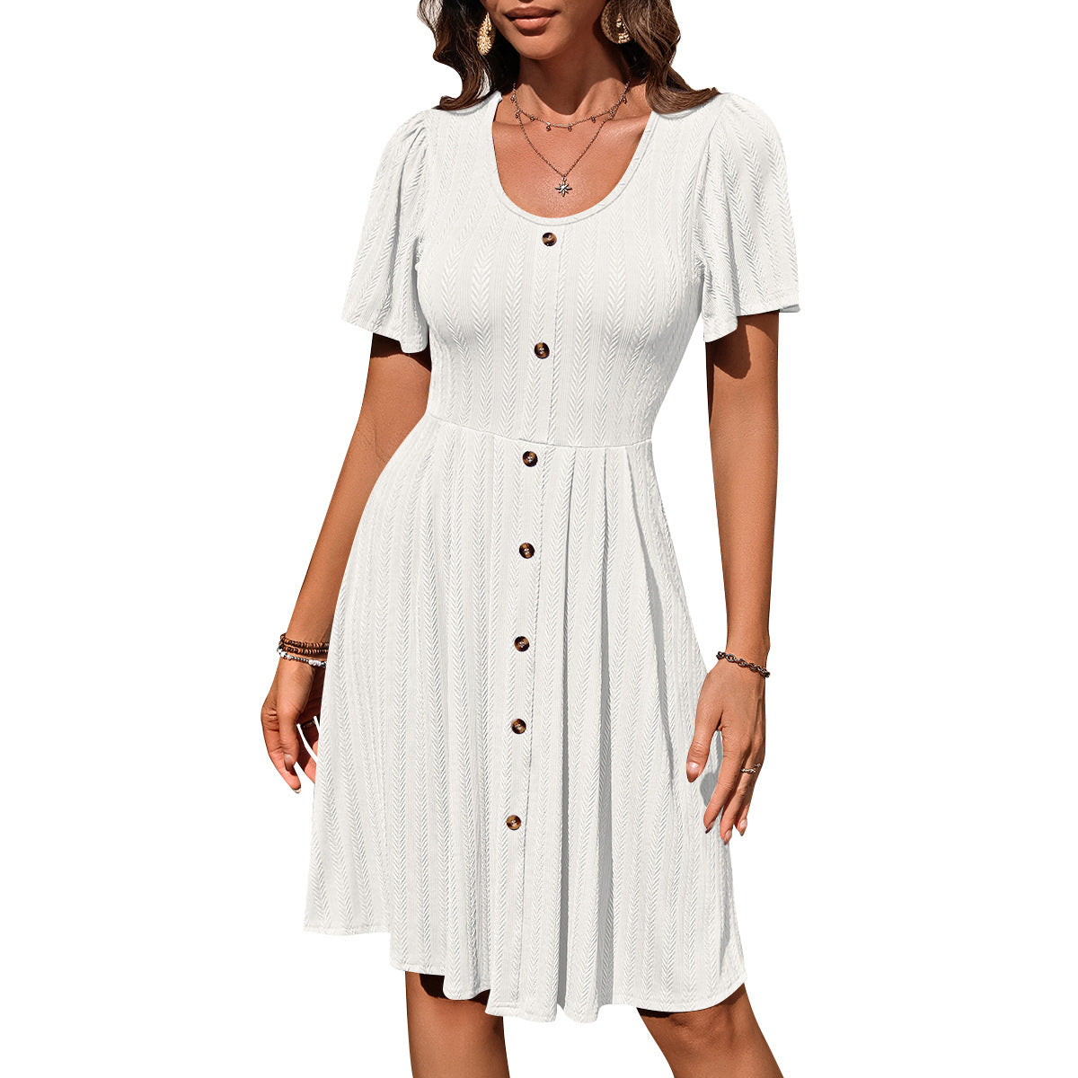 Round Neck Button Elastic Waist Casual Dress
