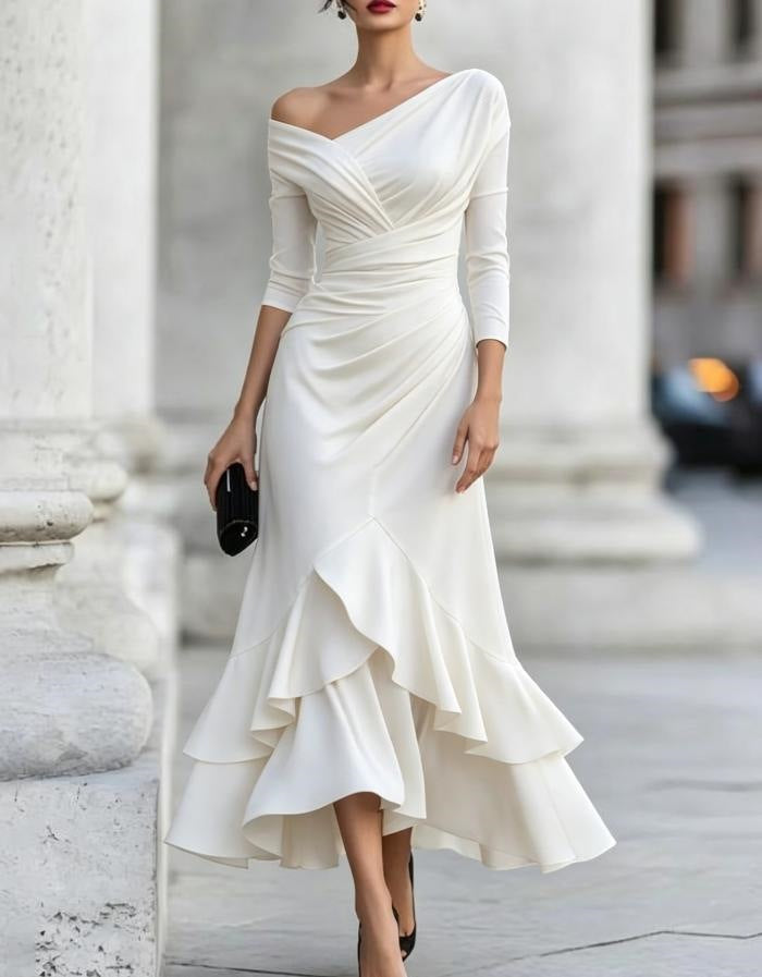 Off Shoulder V Neck Ruched Ruffle Midi Dress Long Sleeve
