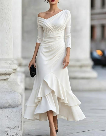 Off Shoulder V Neck Ruched Ruffle Midi Dress Long Sleeve