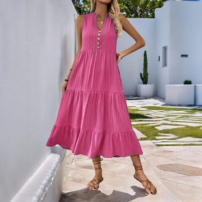 Sleeveless V Neck Button Front Tiered Midi Dress