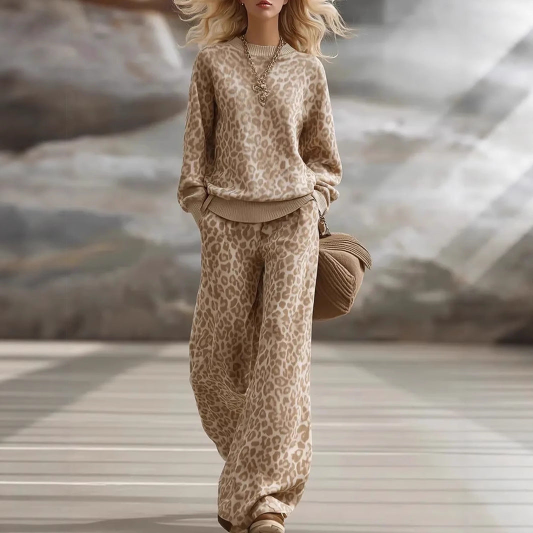 Leopard Print Sweatshirt & Wide Leg Pants Lounge Set