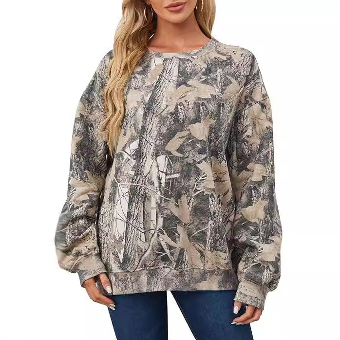 Women's Oversized Leaf Print Crewneck Sweatshirt