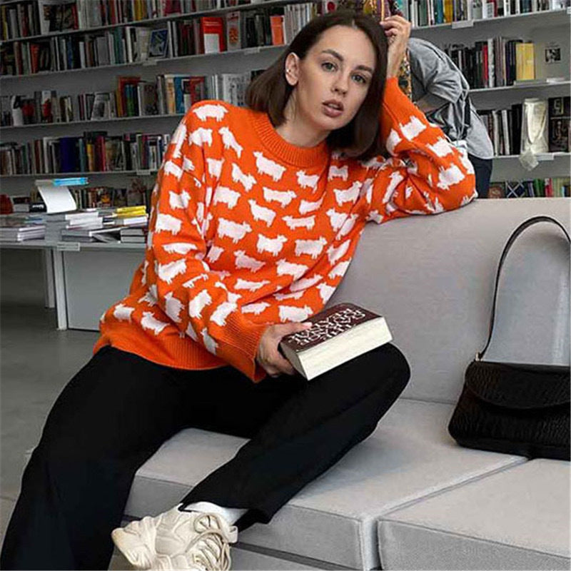 Women's Oversized Alpaca Crewneck Knit Sweater